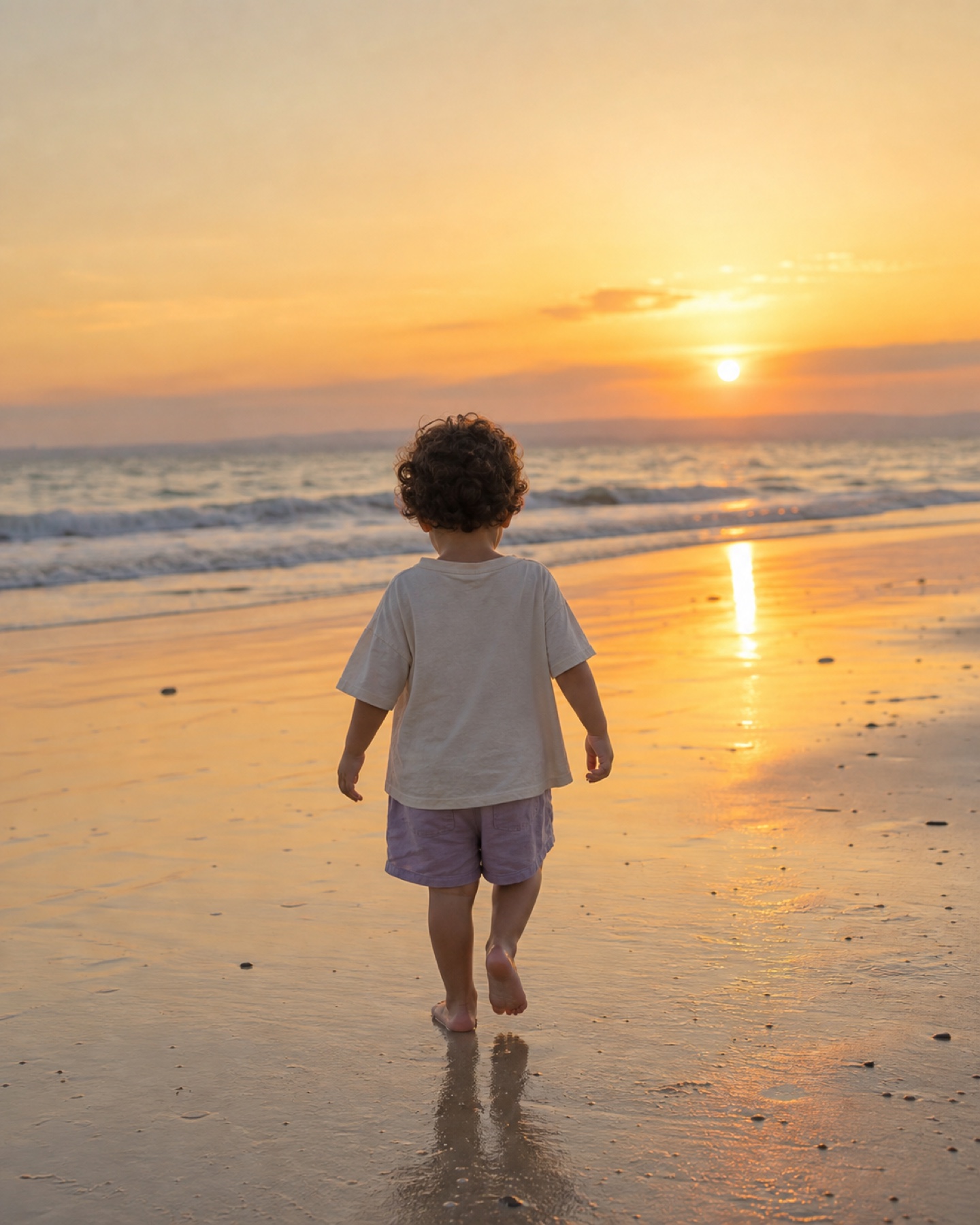An AI-generated child walking on a beach at sunset