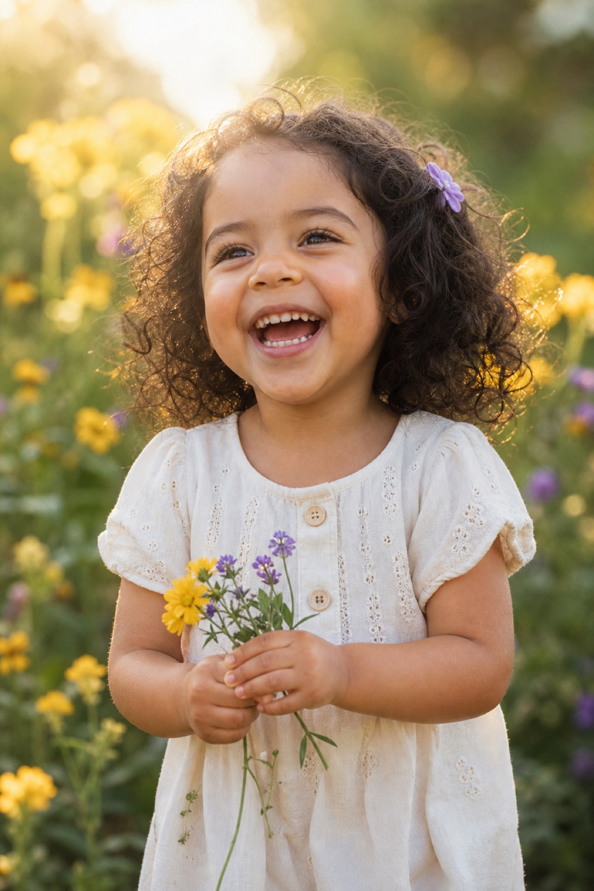 An AI-generated child laughing in a garden